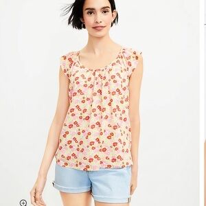 Loft Yellow Pink Floral Flutter Short Sleeve Blouse